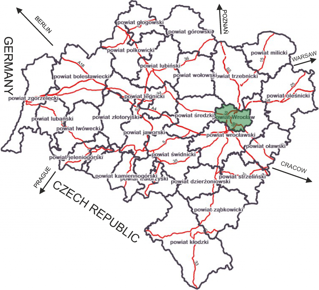 Directions map to Wrocław